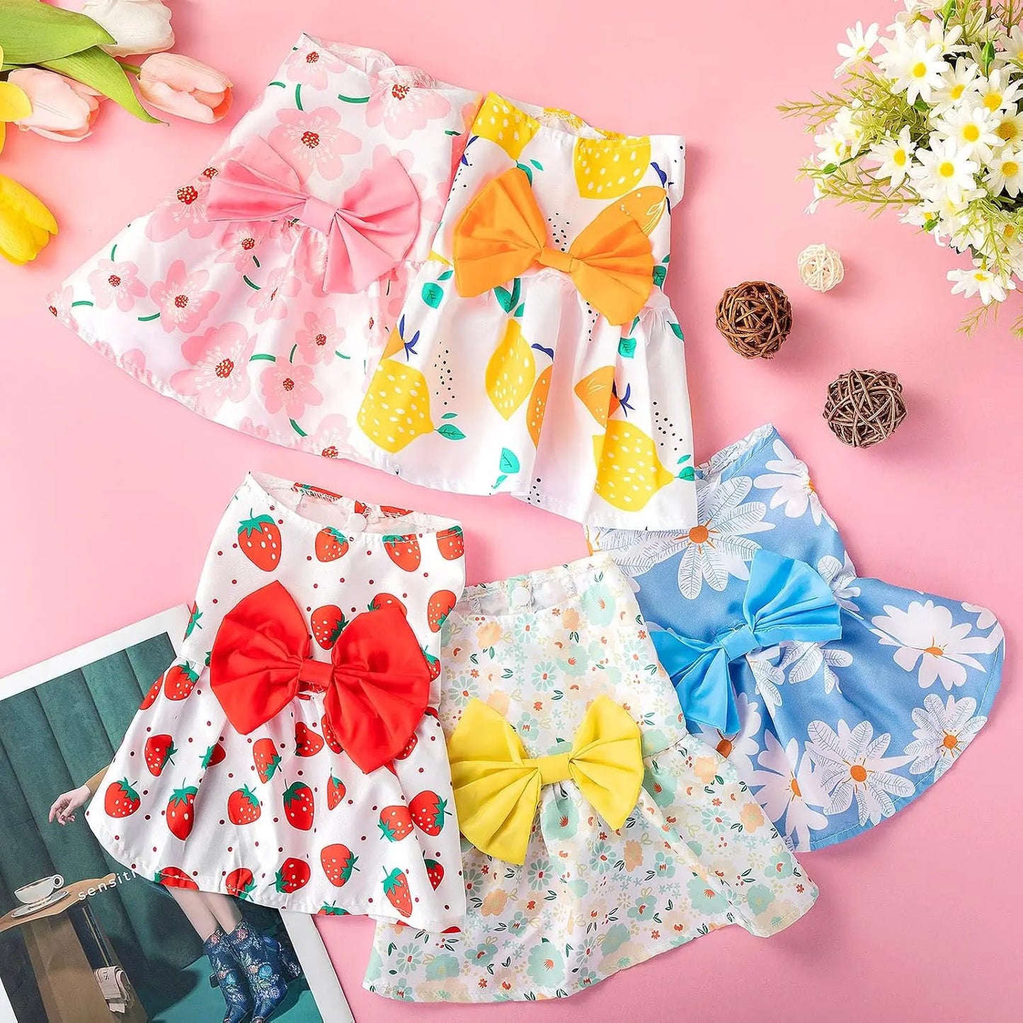 5 Pieces Floral Dog Dress Cute Pet Skirt Puppy Outfits with Bowknot for Small Medium Dogs Cats