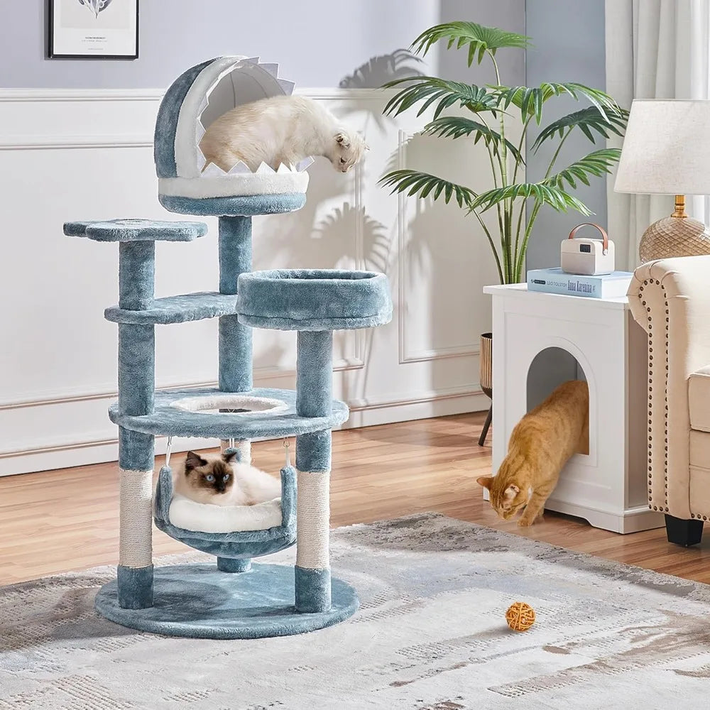 45.5in Ocean-Themed Cat Tree,Multi-Level Tower with Shark Nest,Star Perch & Jellyfish Hammock,Plush Furniture for Indoor Kitty