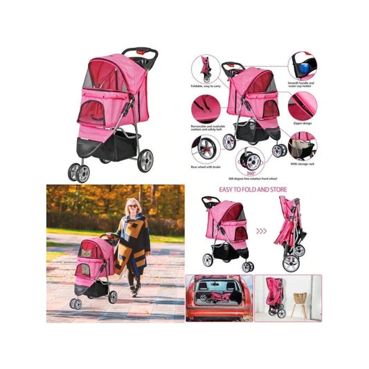 【New style】Foldable Pet Stroller For Cats And Dogs 3 Wheels Carrier Strolling Cart With Weather Cover, Storage Basket + Cup Hol