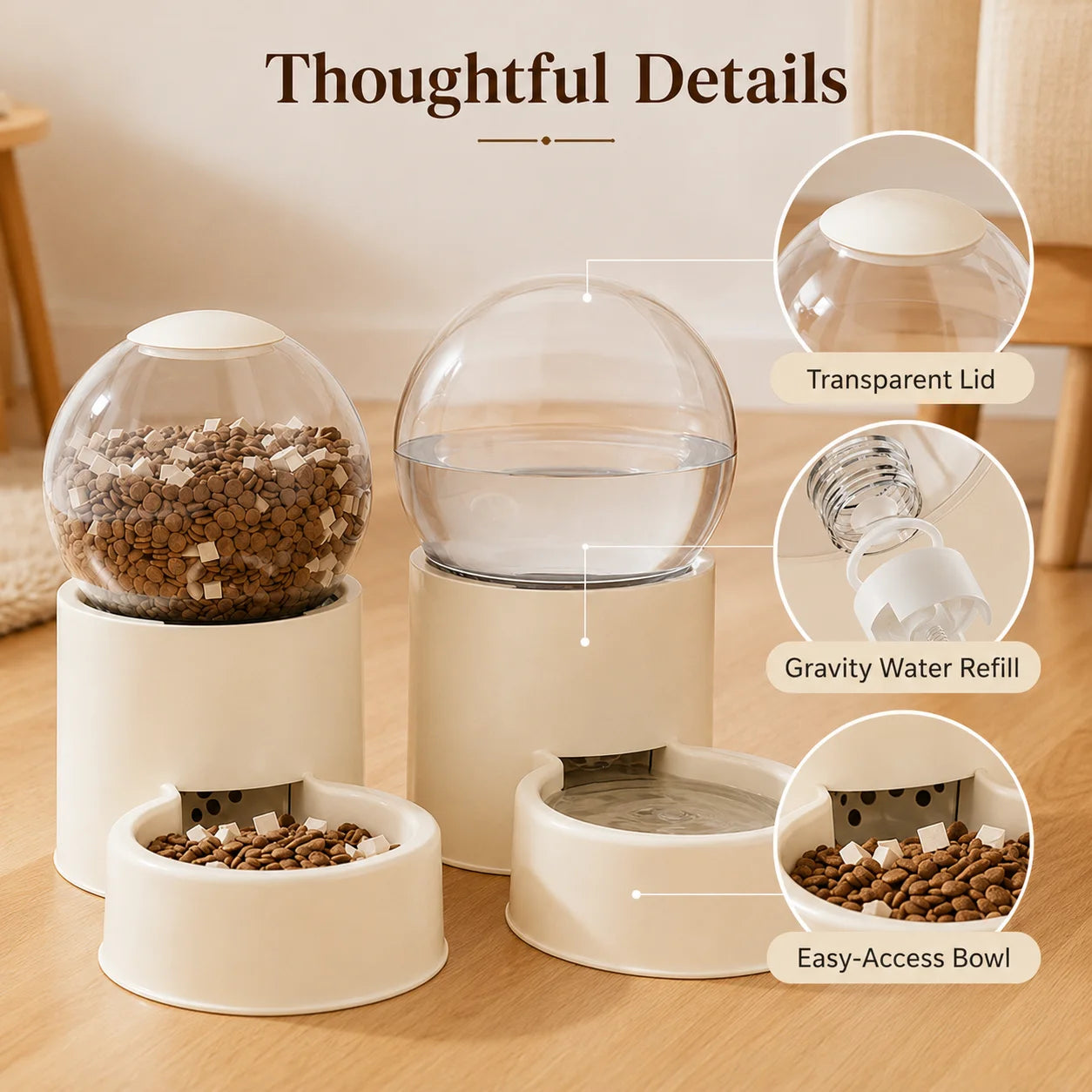 Keep Cats Fed & Hydrated Easily with Automatic Gravity Feeder and Water Dispenser, Spill-Proof, Transparent Dome Lid