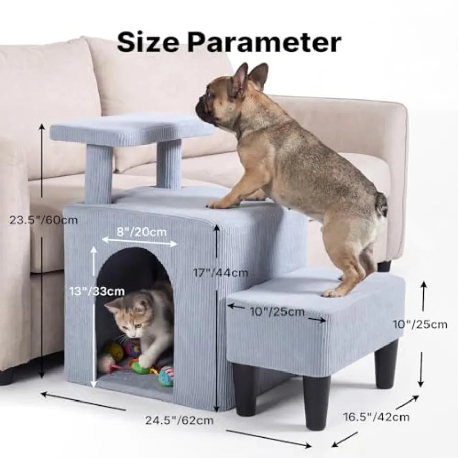 Indoor pet stairs for senior dogs and cats: 3-in-1 bed/couch steps with non-slip surface portable cave condo design cushioned f