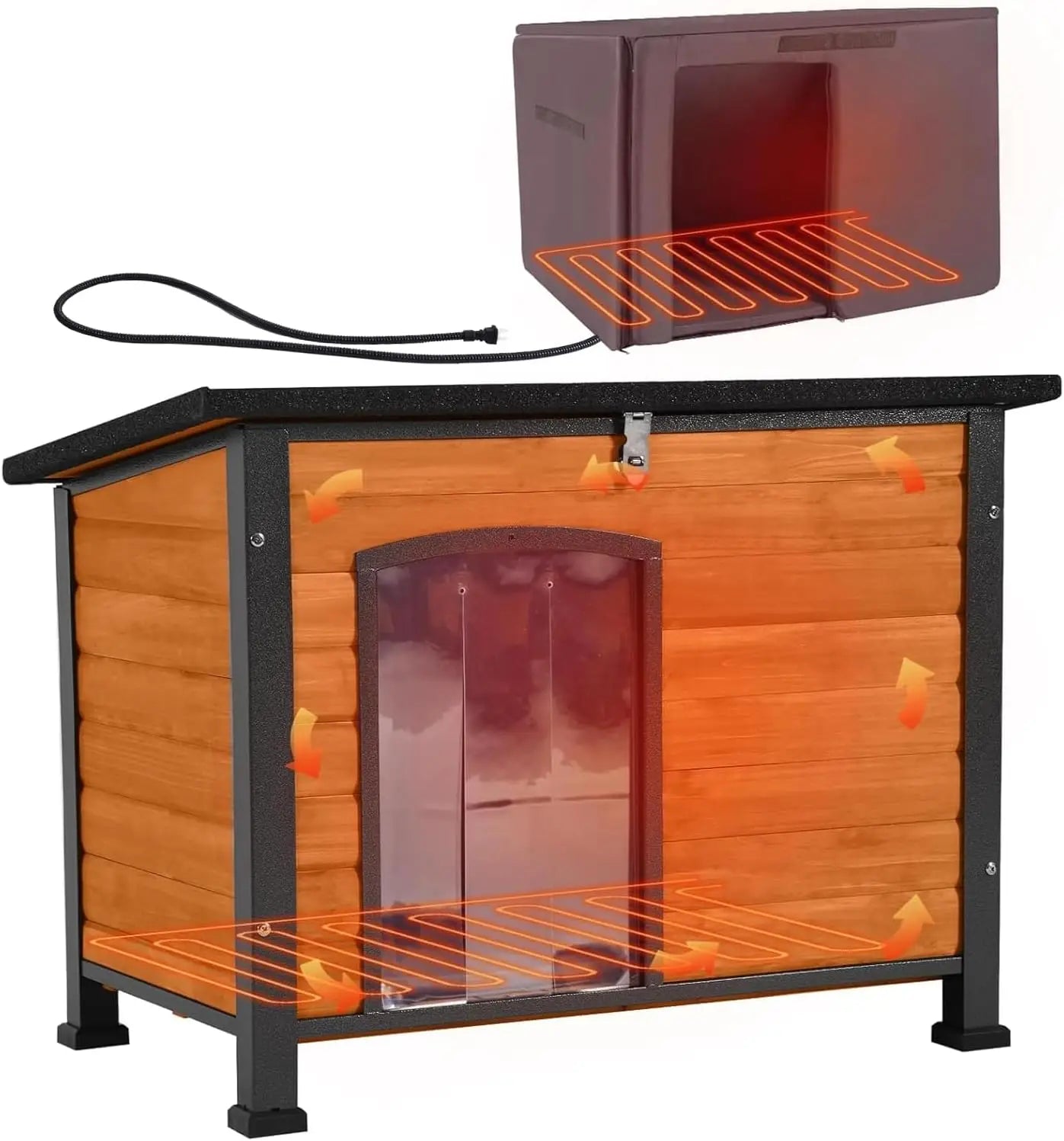 Dog House Outdoor Heated Dog Kennel with Insulated Liner & Heater for Winter Strong Iron Frame Large