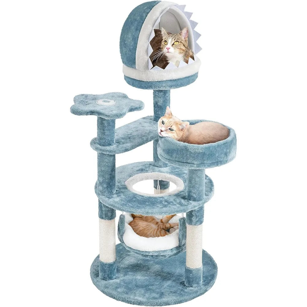 45.5in Ocean-Themed Cat Tree,Multi-Level Tower with Shark Nest,Star Perch & Jellyfish Hammock,Plush Furniture for Indoor Kitty