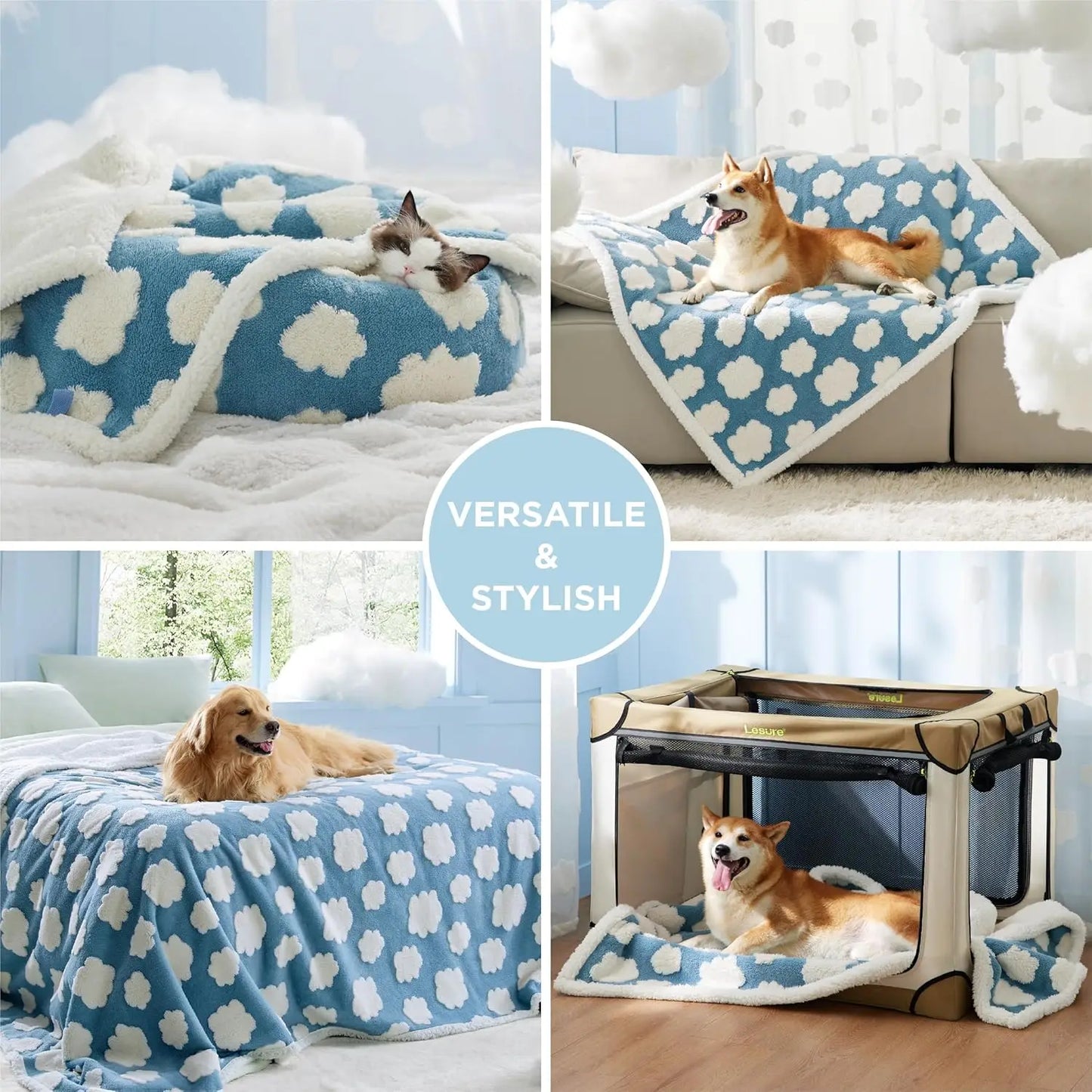 Waterproof Puppy Blanket for Small Dogs - Washable Double Sided Pet Blanket with Sherpa & Shag, Blue