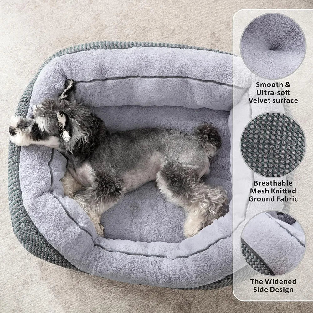 Medium Dog Bed Washable Rectangle Orthopedic Soft Plush Warming Calming Pet Bed with Anti-Slip Bottom, M 30"x24"x9"