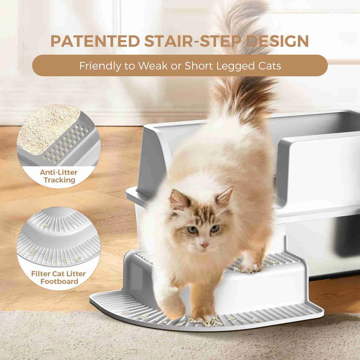 Cat Litter Box Stainless Steel Tray with Plastic Cover and Litter Trapping Mat for Indoor Cats Large Size