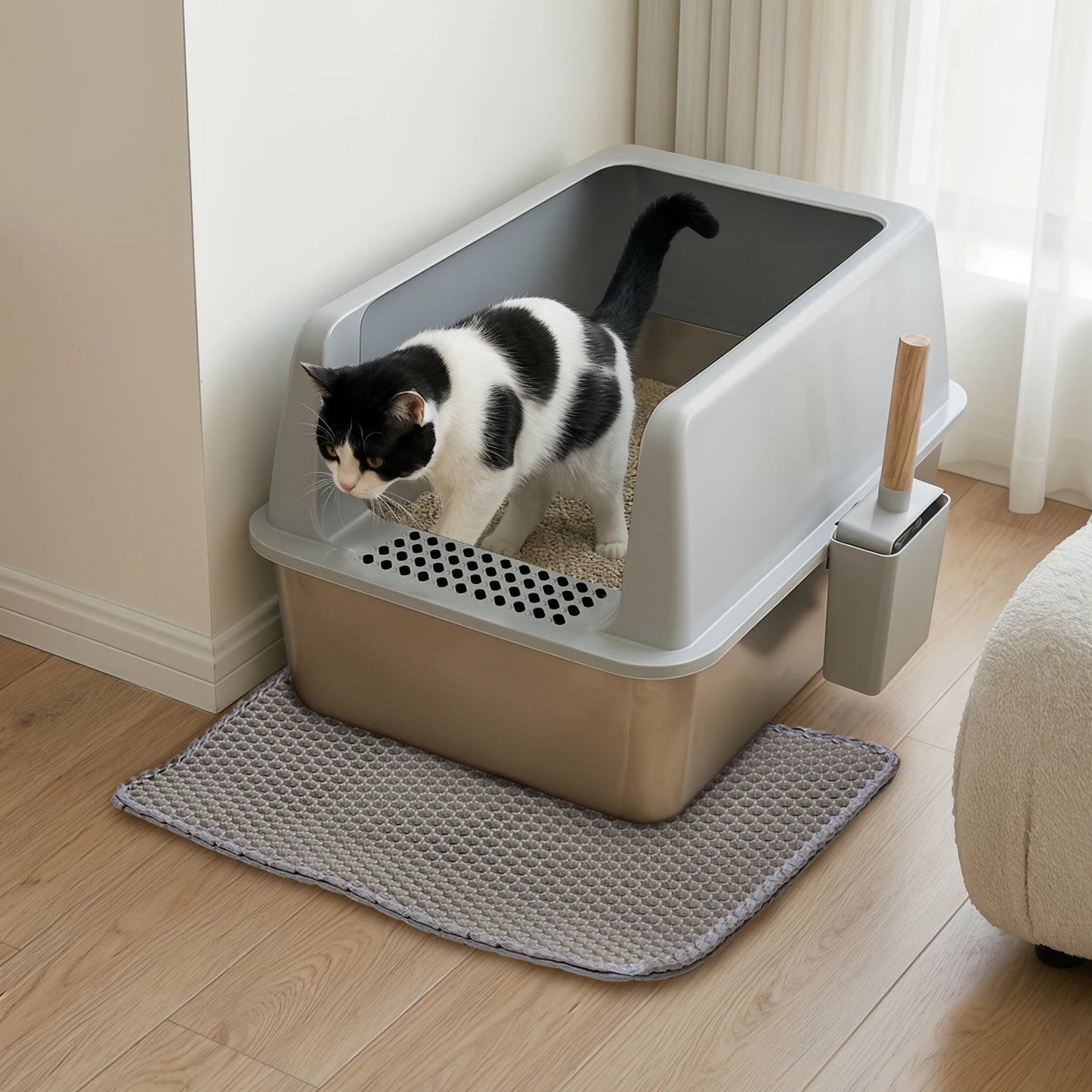 Large Stainless Steel Open Cat Litter Tray High Sided Deep Pan Box Loo Toilet with Litter Mat