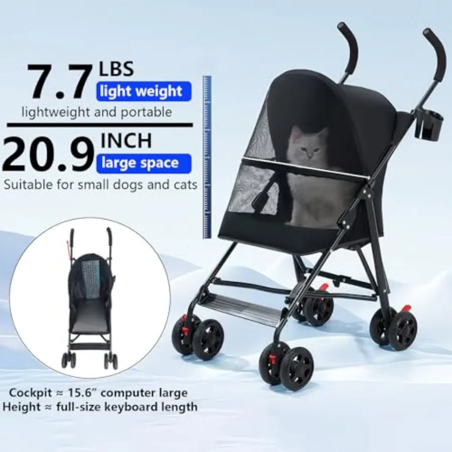Pet Stroller with Mesh Ventilation, Lightweight Foldable Design, Cup Holder